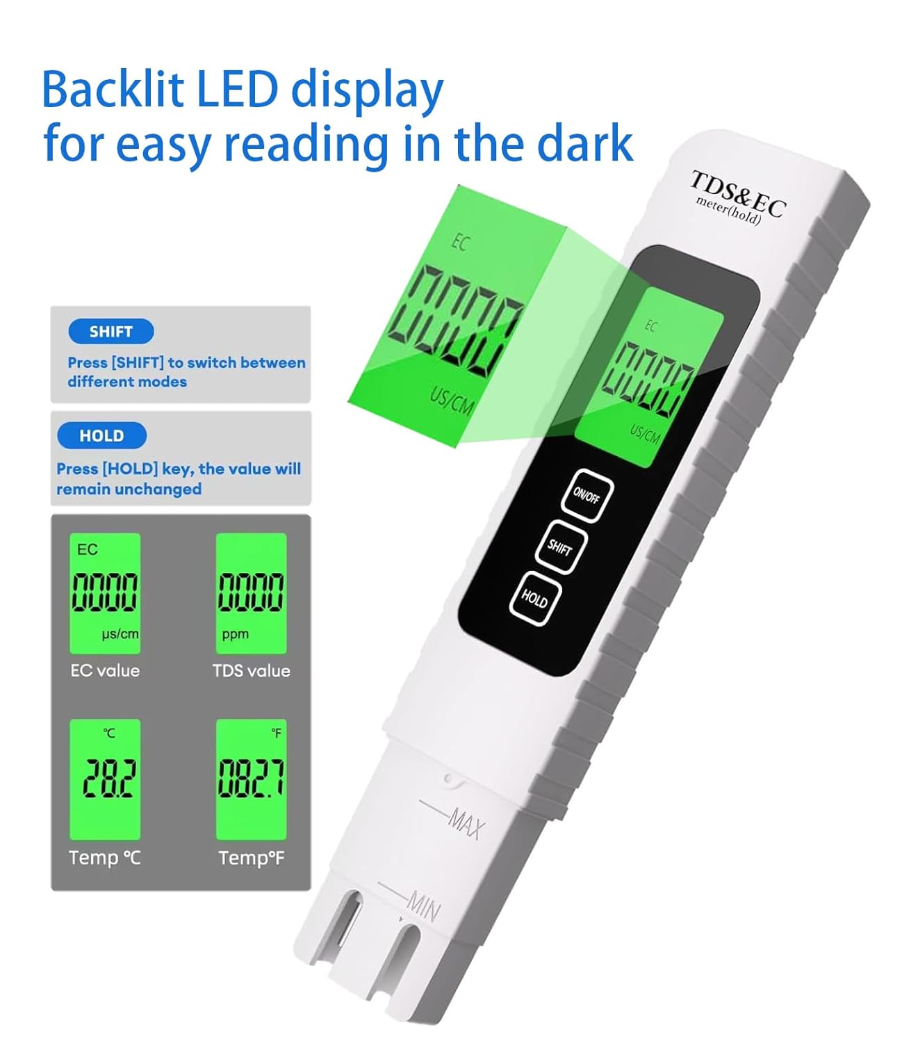 Backlit LED display — easy reading in the dark
